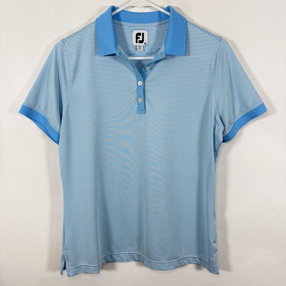 FootJoy Golf Polo Shirt Womens Medium Light Blue Striped Short Sleeve Stretch FJ